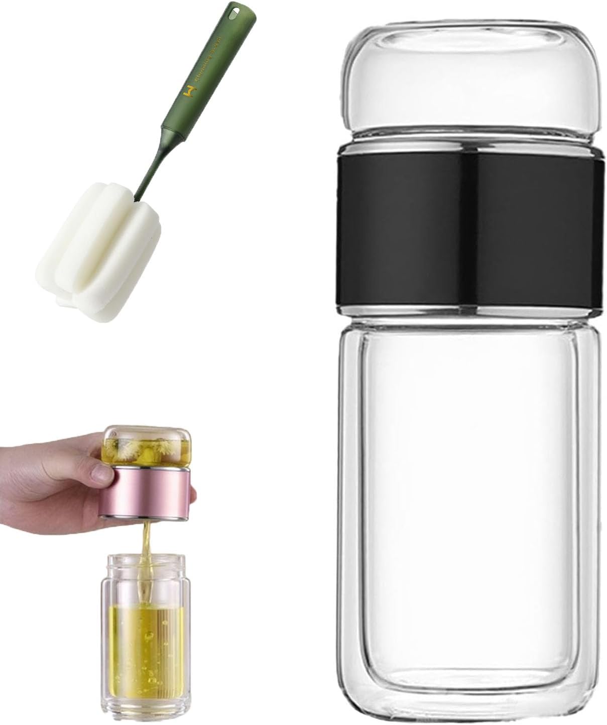 2025 New Glass Infuser, 3-In-1 Smart Tea Infuser with Cup Brush, Double-Layer Borosilicate Glass Tea infusers Separation Cup (Black, 280ml (9.5oz))