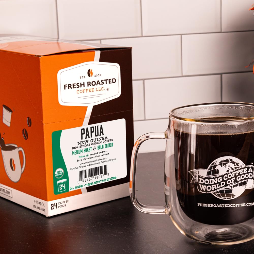 Fresh Roasted Coffee, Organic Papua New Guinea K-Cup Pods for Keurig Brewers, Medium Roast, USDA Organic, Kosher, 24 Count (Pack of 1)