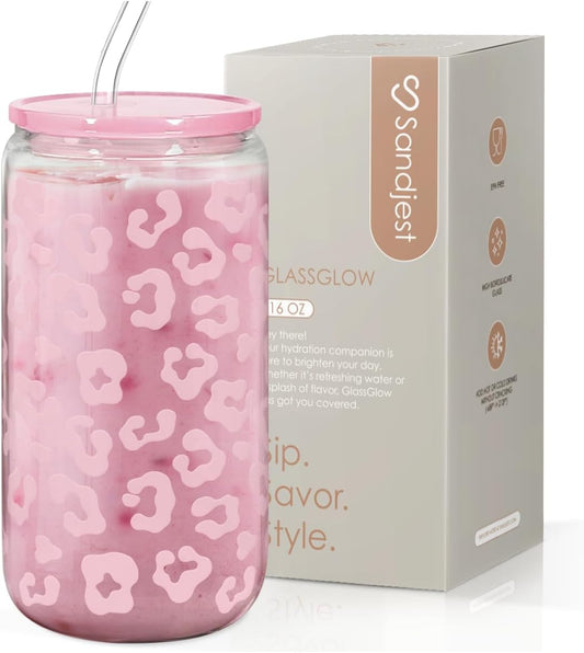 SANDJEST Leopard Glass Bottle, Pink Leopard Print Glass Cup with Lid & Straw, Iced Coffee Aesthetic Glass Can, Gifts for