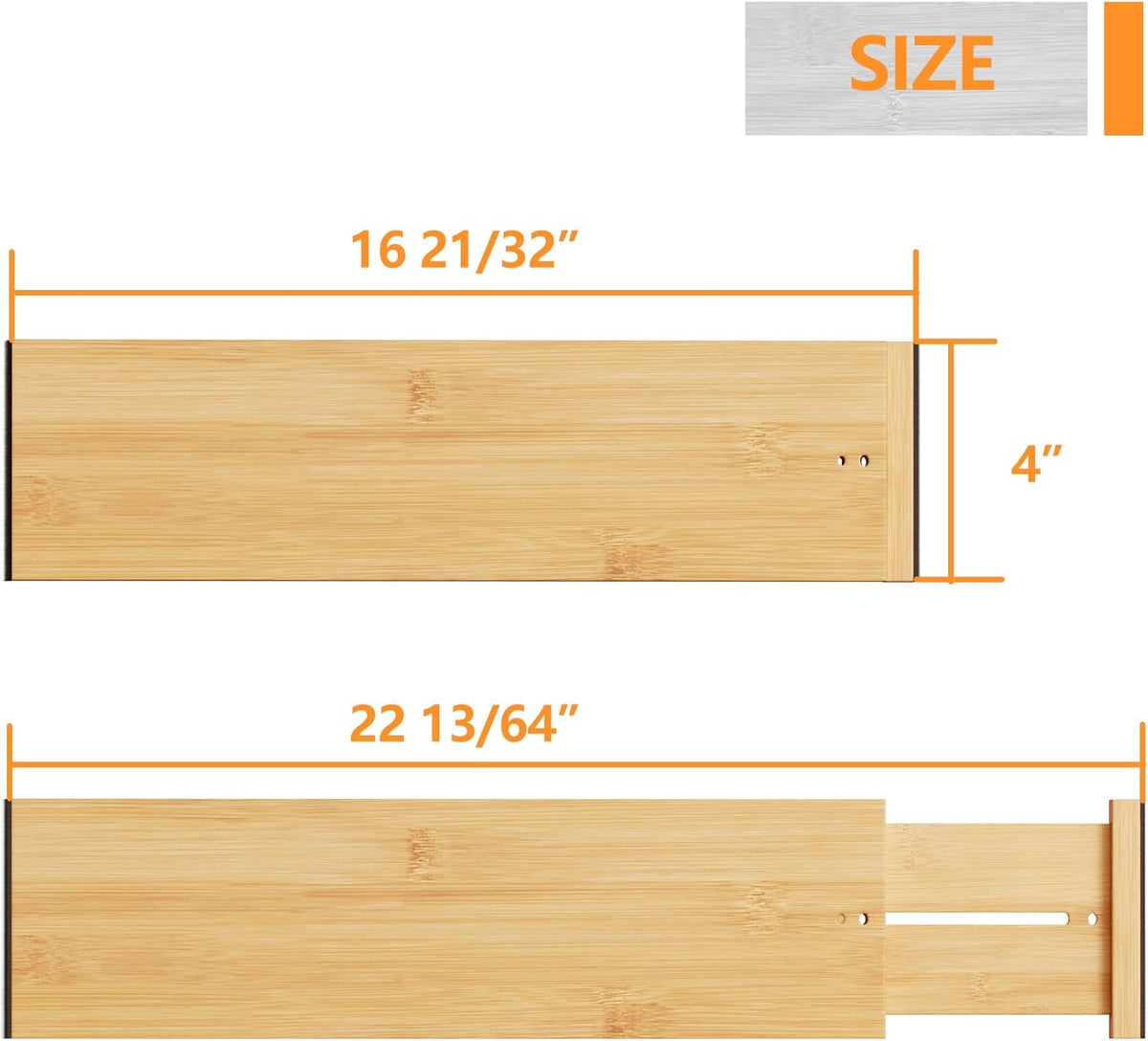 BAMEOS Bamboo Expandable Drawer Dividers – Fits 16.65"–22" Drawers, 4" Extra Deep Walls, Set of 4 | Maximum-Height Spring-Loaded Organizer for Deep Kitchen, Bathroom &amp; Dresser Drawers