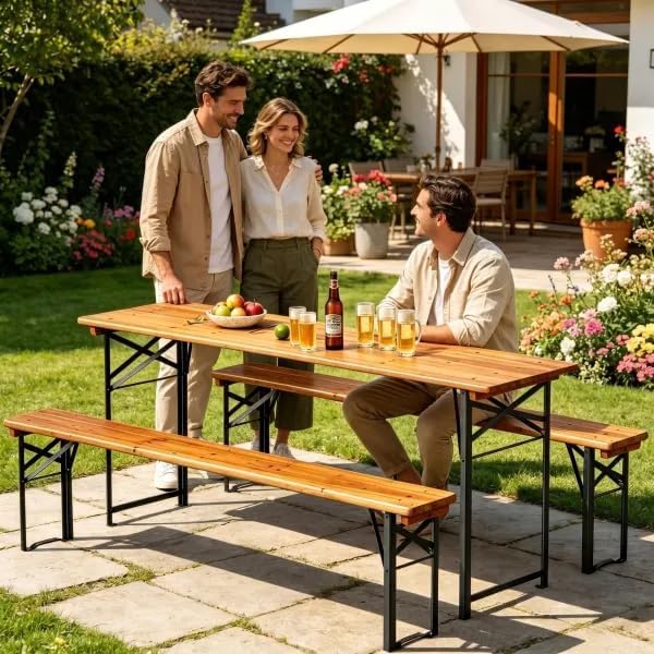 AVAWING 5.8FT 3-Piece Portable Picnic Table Bench Set, 6-8 Person Folding Wooden Dining Table Set，70" Patio Beer Table f