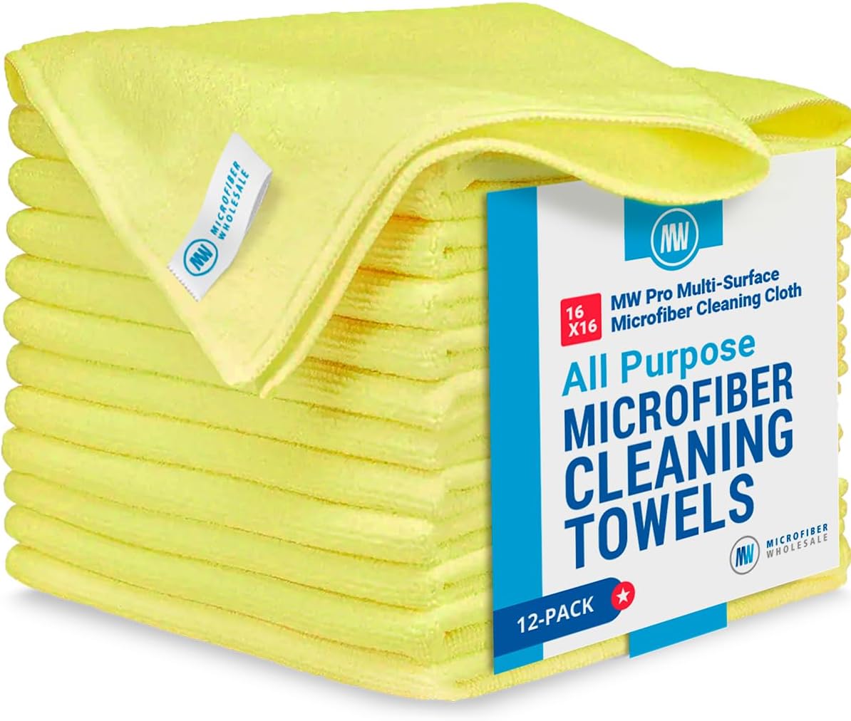 MW Pro Microfiber Cleaning Cloth | Yellow (12 Pack) | Size 16" x 16" | All Purpose Microfiber Towels