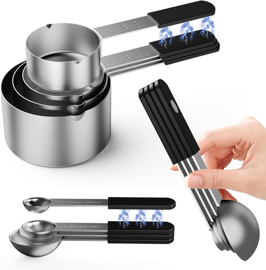 Magnetic Stainless Steel Measuring Cups & Spoons Set – 8-Piece Stackable Set with Engraved Measurements – Dishwasher Safe