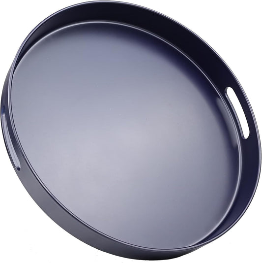 Navy Blue Decorative Serving Tray with Handles, 13” Versatile Ottoman Tray for Coffee Table, Entertaining, Outdoor Patio,