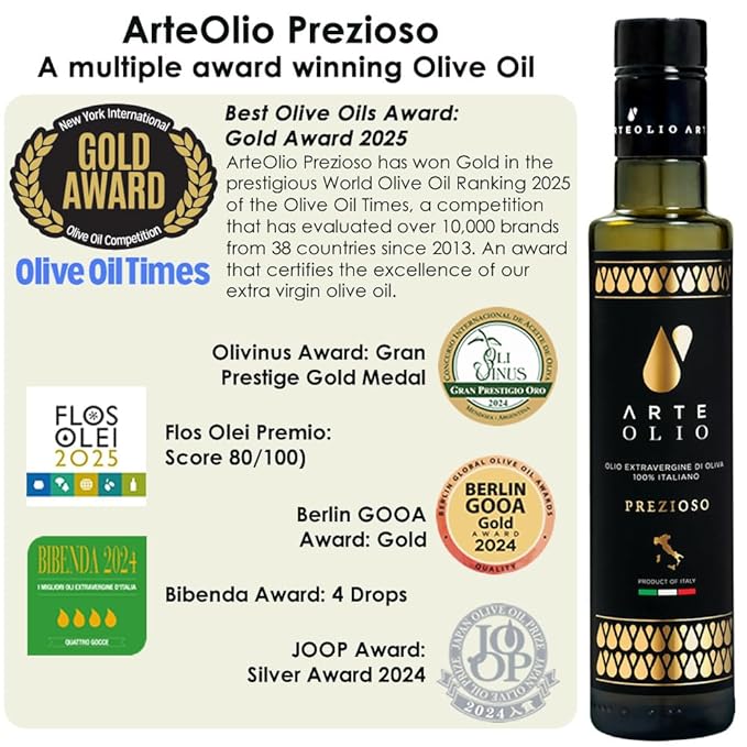 ArteOlio Prezioso Olive Oil: 100% Extra virgin cold pressed olive oil directly from Italy made in Single Estate Unordinary Rich Taste (500mL Bottle)