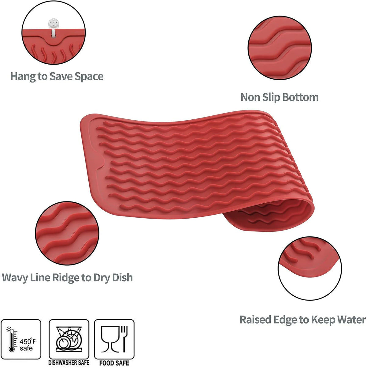 Silicone Dish Drying Mat for Multiple Usage,Easy clean,Eco-friendly,Heat-resistant Silicone Mat for Kitchen Counter,Sink,Bar,Bottle,or Cup Red M 17 inches x 6 inches
