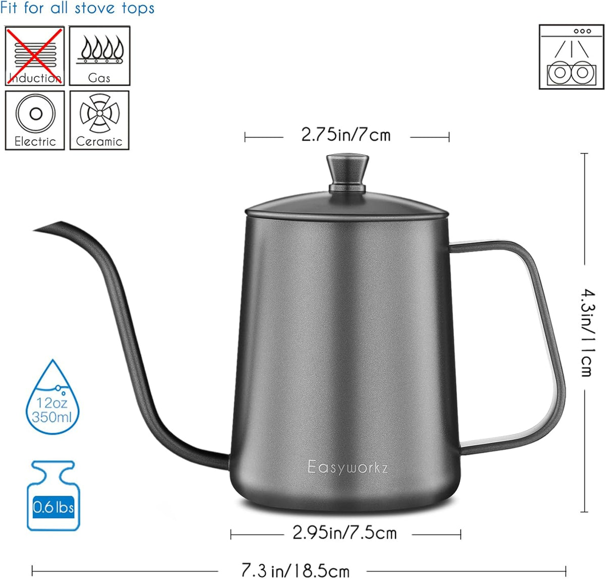 Easyworkz Gage Gooseneck Pour Over Coffee Kettle 20 oz Stainless Steel Hand Drip Coffee Pot with Long Narrow Spout