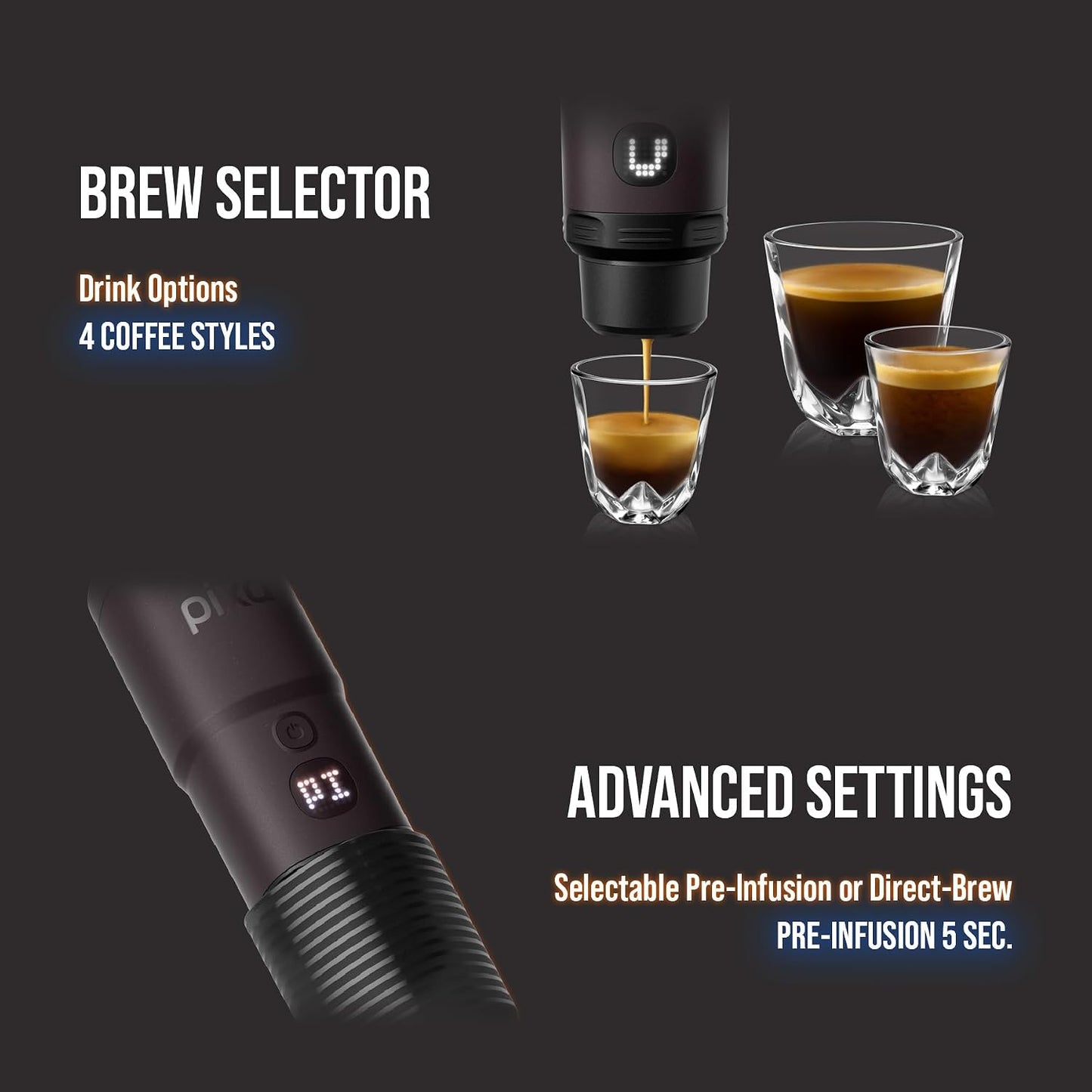 WACACO Pixapresso Espresso Machine Electric &amp; Portable (Dark Burgundy) | 4 Coffee Types, Fast Heat-up, 3 x 3000mAh Battery, Patented 8-16g Basket, Grounds &amp; Capsules, Touchscreen, Travel, Camping