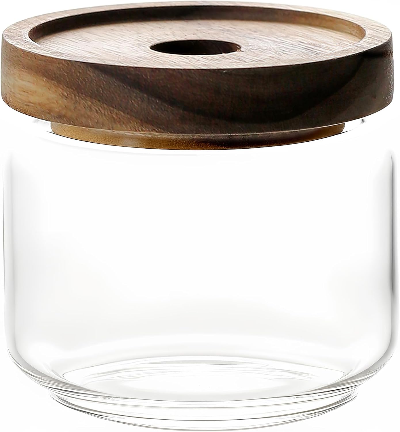 300ML/10Oz Clear Cute Glass Storage Canister Holder with Stackable Airtight Wood Lid, Modern Decorat