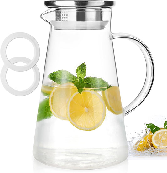 Glass Pitcher with Lid and Handle, 2 Liter 68oz Water Pitcher with Spout for Fridge, Borosilicate Glass Jug for Hot/Cold