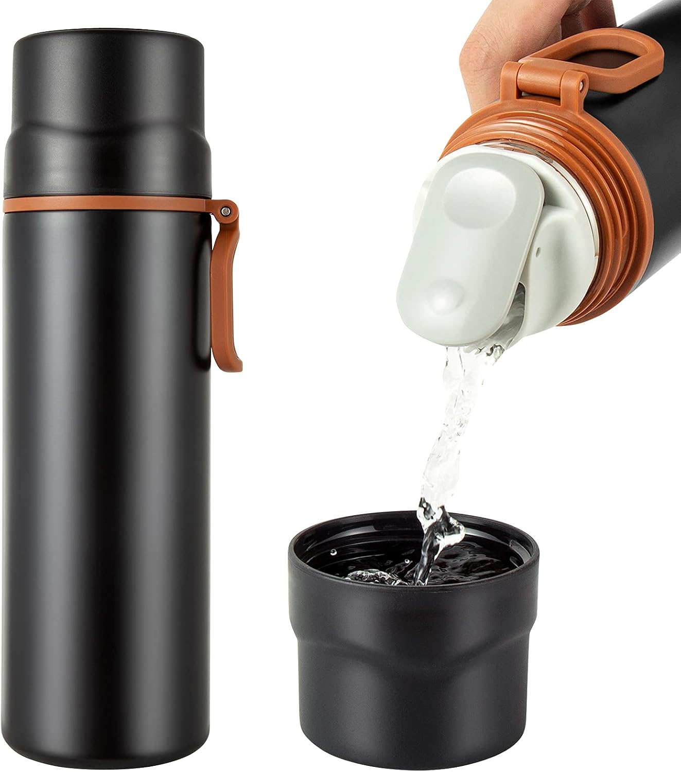 Insulated Water Bottle-Stainless Steel Vacuum Coffee Cup with Handle,Flask Double Walled Sport Travel Mug with Leakproof Lid,Keep Hot &amp; Cold 12 Hours BPA Free 15oz(Black)