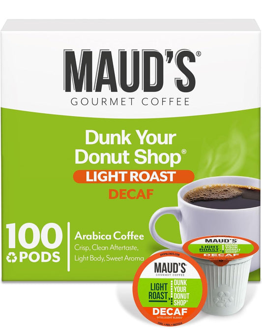 Maud's Decaf Donut Shop Coffee Pods, 100 ct, Decaffeinated Light Roast Coffee in Recyclable Single Serve Pods – 100% Arabica