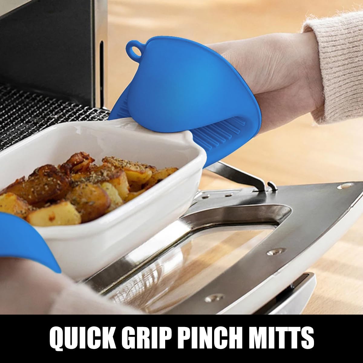 RORECAY Silicone Oven Mitts and Pot Holders Sets, Gloves for Kitchen, Blue | Set of 6 Kitchen Mitts for Baking &amp; Cooking, Heat Resistant 500 ℉, 15" Extra Long, Non-Slip &amp; Waterproof, Quilted Cotton