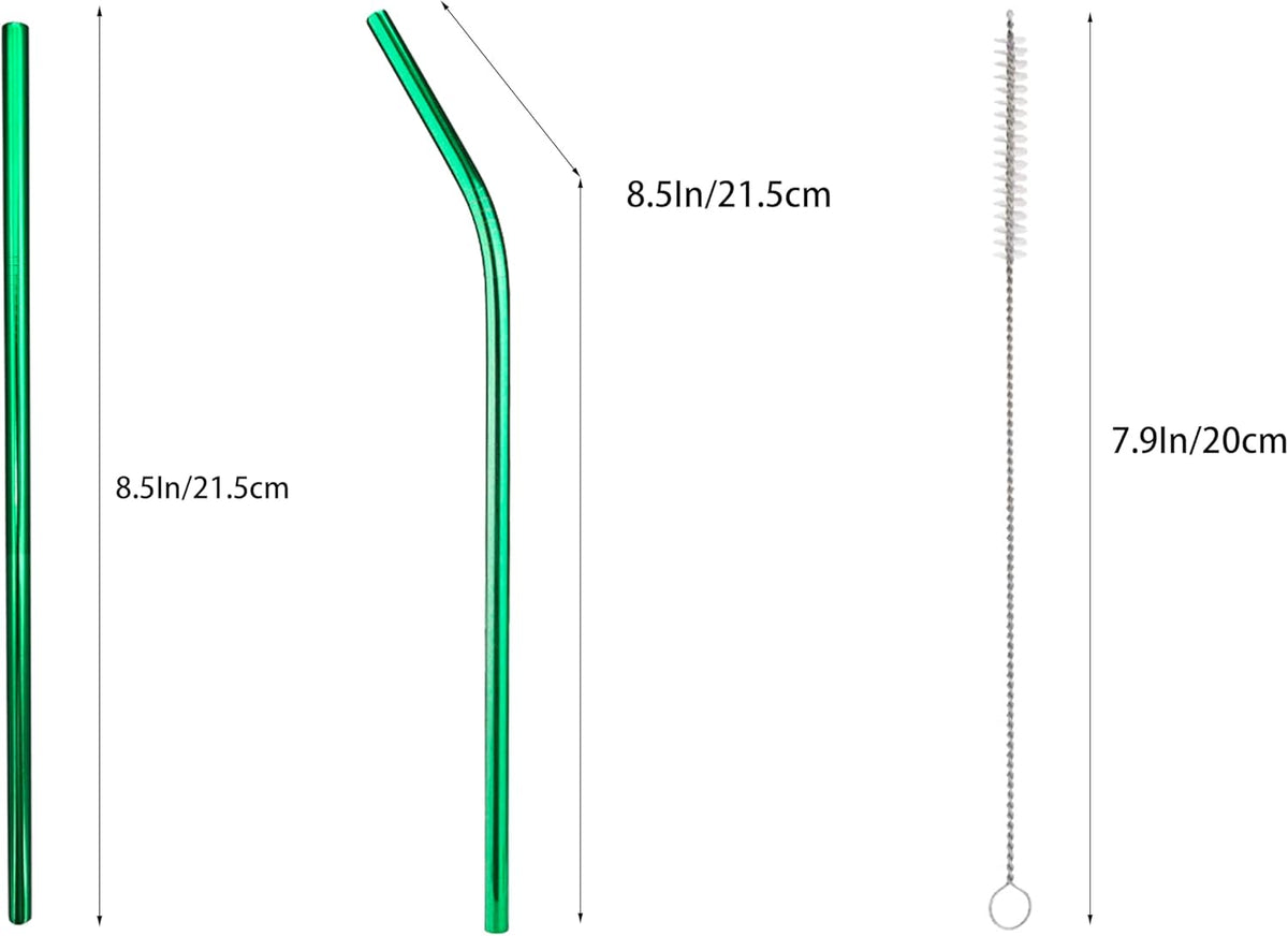 10 Pcs Stainless Steel Straws, Reusable Drinking Straws, 5 Straight + 5 Bent Metal Straws Set With 2 Pcs Cleaning Brushes (Green, 8.5 Inch)