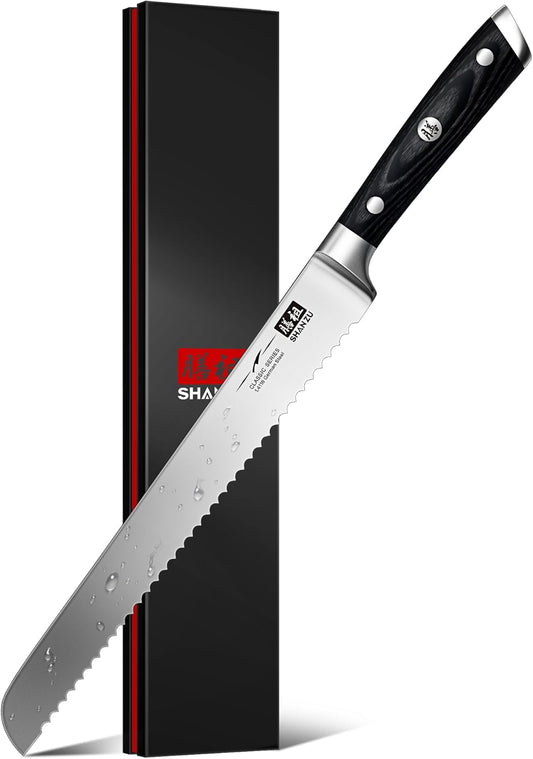 SHAN ZU 10" Bread Knife - Sourdough Slicing Knife Professional German 1.4116 Stainless Steel Serrated Blade, Ergonomic Wood