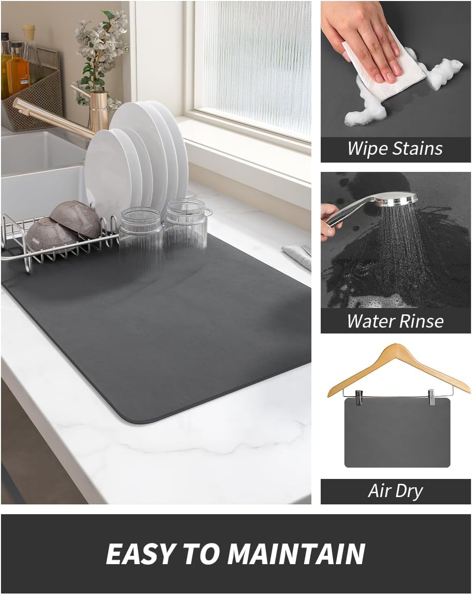 AMOAMI Coffee Mat Dish Drying Mat for Kitchen Counter-Bar Accessories, Hide Stain, Rubber Backed, Absorbent, Fit Under Coffee Maker, Espresso Machine, Pot, Dish Rack, 12"x19", Dark Grey