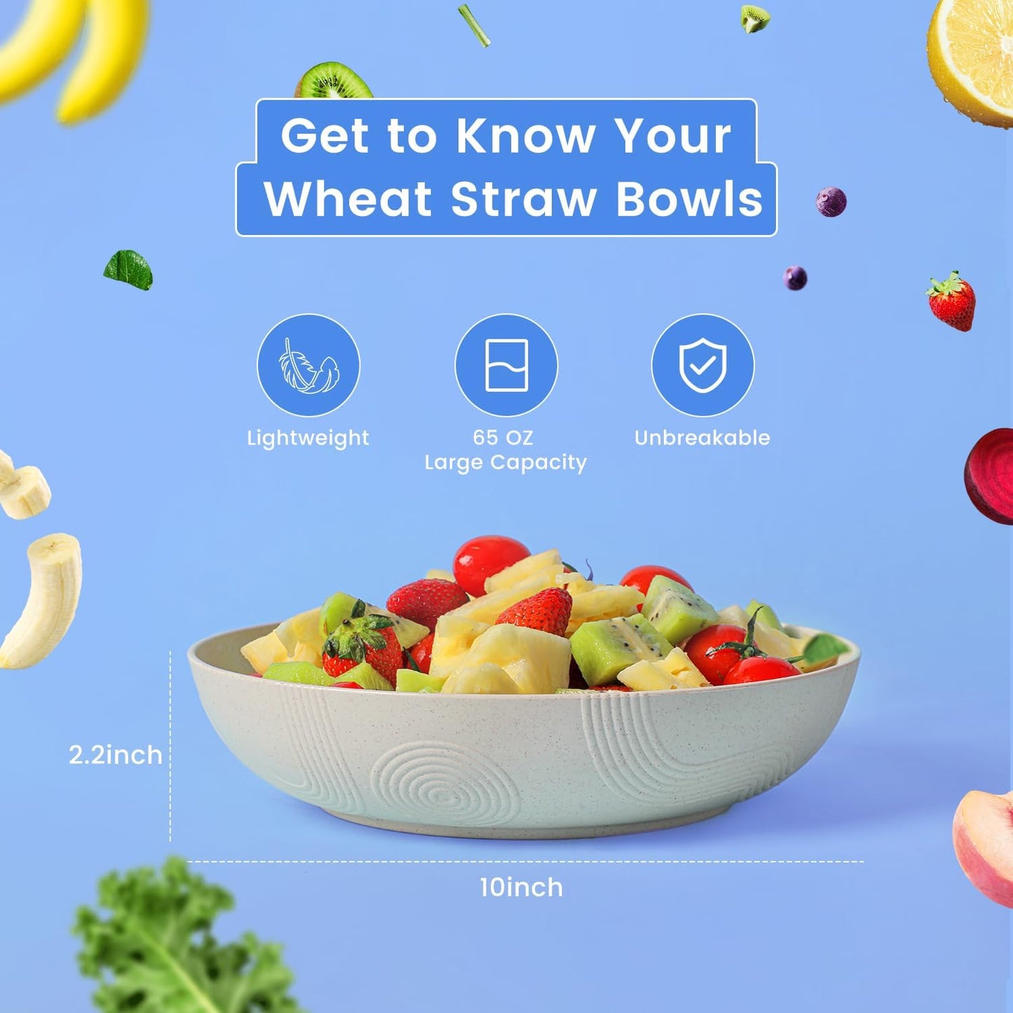 Homienly Salad Bowls, 60 OZ Large Salad Bowls for Kitchen, Wheat Straw Bowl Set of 6, Unbreakable Microwave and Dishwasher Safe Bowl for Camping, Outdoor, Serving Bowl Set for Dinner, Fruit (Multi)