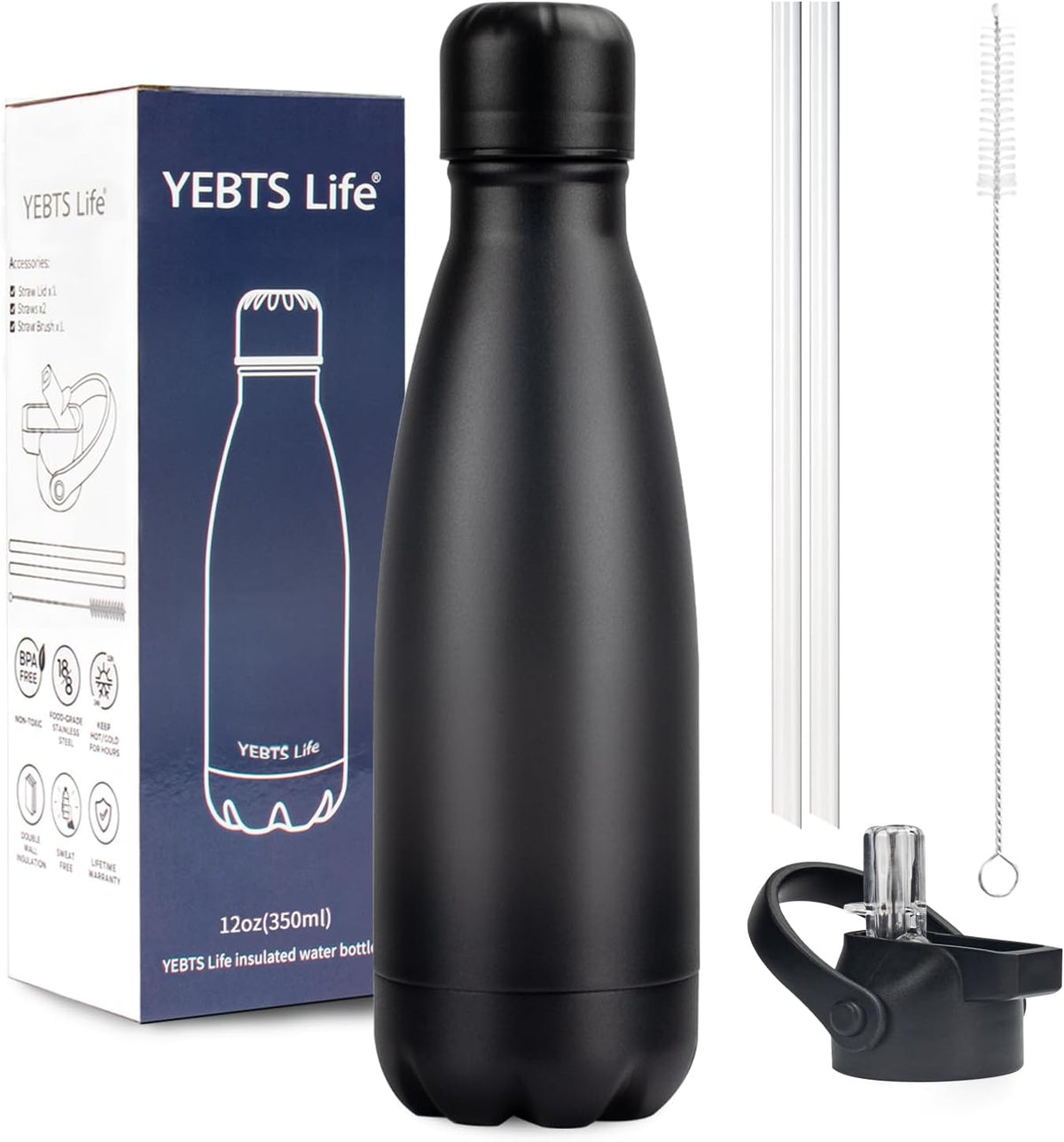 Insulated Water Bottle, 12oz Stainless Steel Water Bottles with straw lid, Metal Sports Water Bottles for Boys,Girls, Double Wall Vacuum BPA-Free Flask for School, Sports &amp; Travel-Black