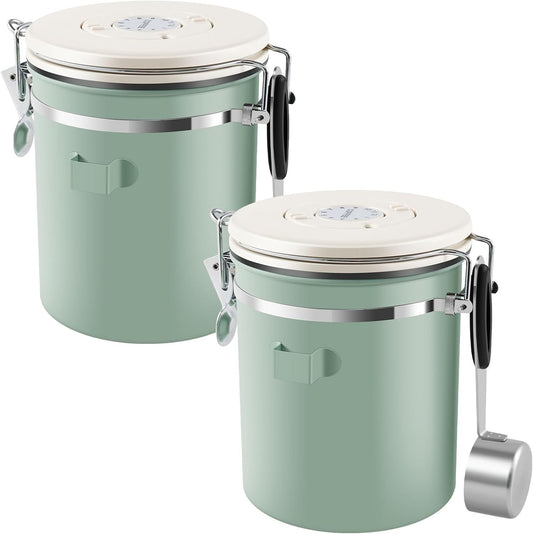 2Pcs Coffee Storage Canister 1.5L Double Airtight Coffee Beans Container with Date Locator 304 Stainless Steel Kitchen Food