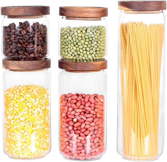 Glass Canisters Set of 5 for the kitchen, Glass Storage Container jars with Airtight Acacia Lid for Coffee Beans, Flour,