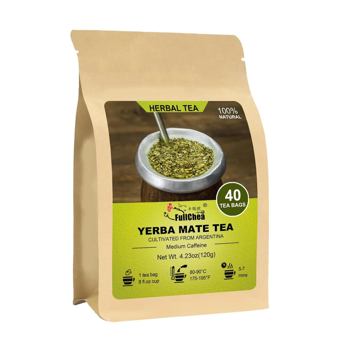 FullChea - Yerba Mate Tea, 40 Count,Unsmoked, Cultivated From Argentina | Unsmoked yerba mate, rich in antioxidants and plant nutrients, suitable for daily energizing tea