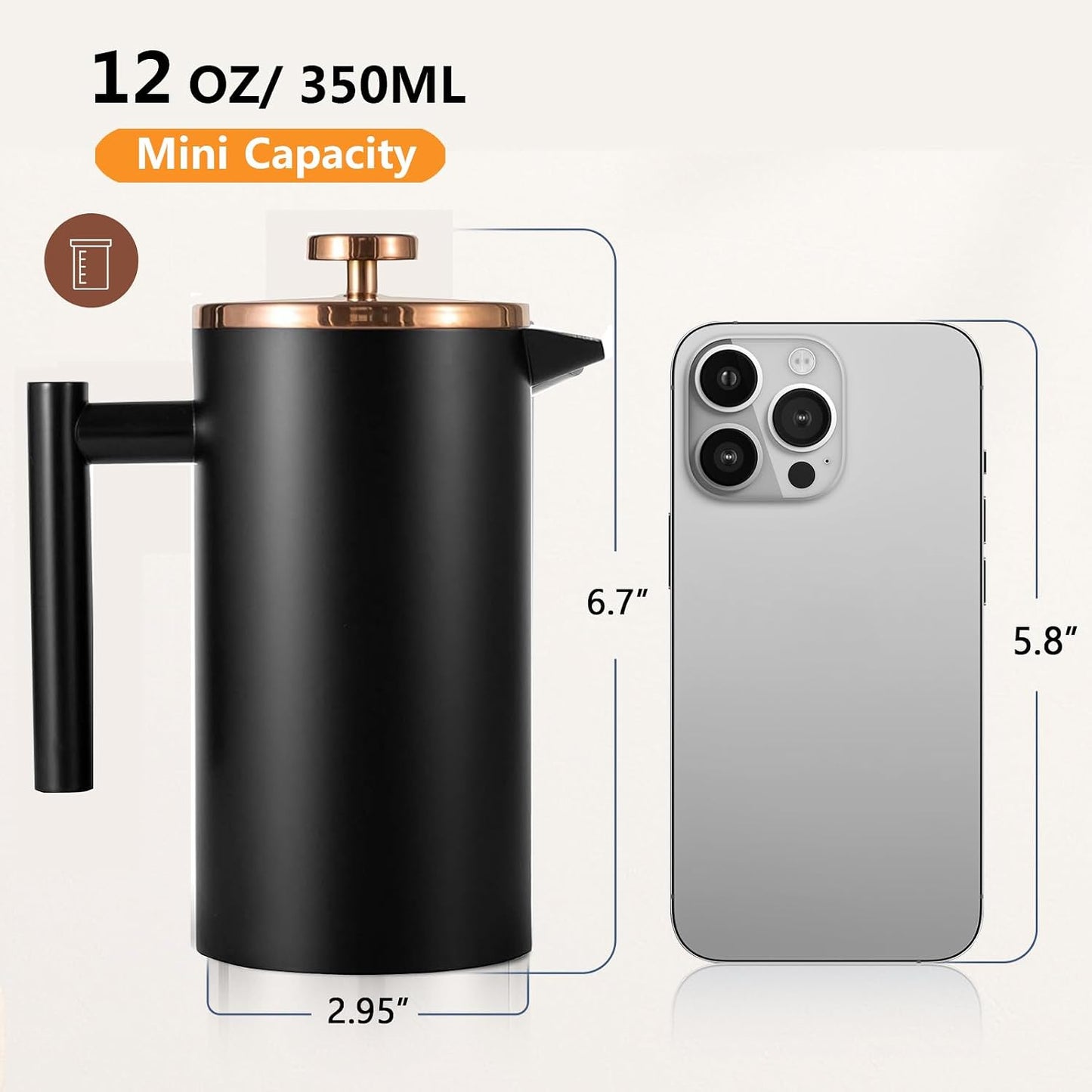 Small French Press Coffee Maker 350ml/12oz, Black Stainless Steel Double-Wall Insulated, Included 2 Extra Filters and 1 Coffee Spoon (1 Cup)