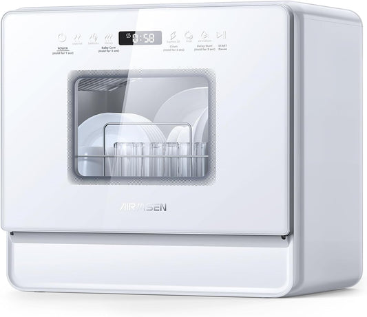 AIRMSEN Countertop Dishwasher Complete 2-Level Rack, Portable Dishwashers with 5L Built-in Water Tank, 3-Spray Arms & 12H