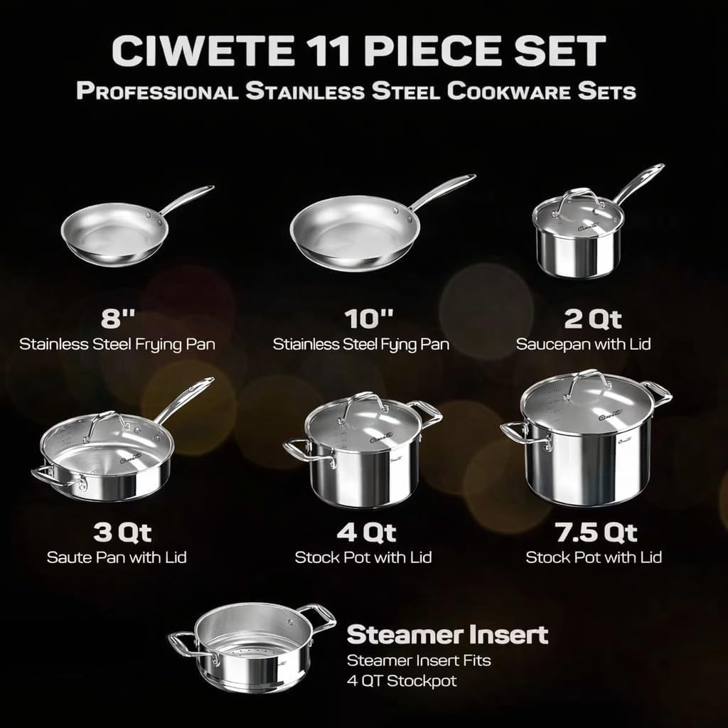 11-Piece Tri-Ply Stainless Steel Pots and Pans Set, 18/10 Stainless Steel Cookware Set with Steamer Insert, Induction Ki