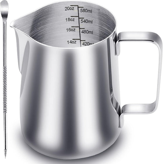 CAMKYDE Milk Frothing Pitcher 20 oz, Stainless Steel Espresso Steaming Pitcher with Decorating Pen for Coffee, Espresso Machines, Cappuccino, Latte Art (Silver)