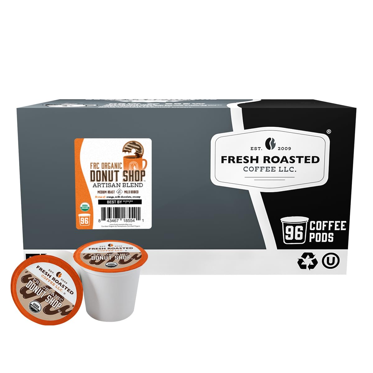 Fresh Roasted Coffee, Organic Donut Shop K-Cup Pods for Keurig Brewers, Medium Roast, Kosher, 96 Count Loose Pack