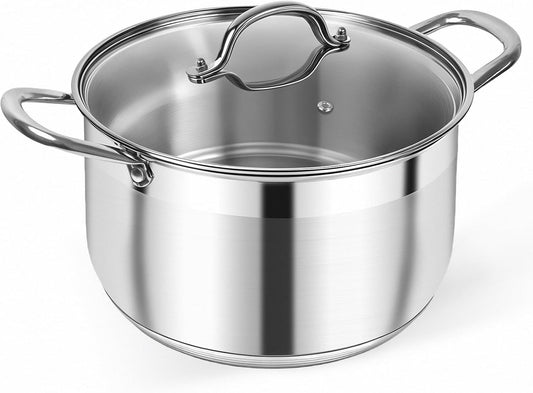 Kirecoo 8 Quart Stainless Steel Induction Stock Pot with Visible Lid | Heavy Duty, Even Heat, Thick Nonstick Base, Deep