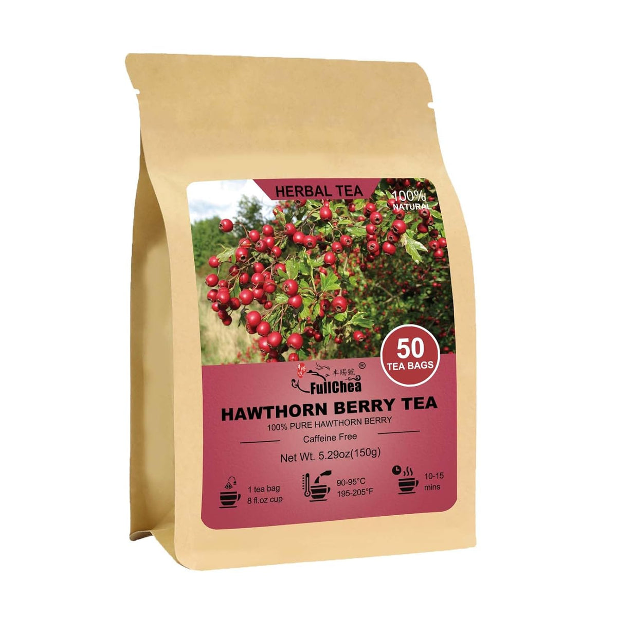 FullChea - Hawthorn Berry Tea Bags, 50 Count, Dried Hawthorn Berries | Pure hawthorn berry tea rich in natural antioxidants, Non-GMO caffeine-free, easy to brew hot daily