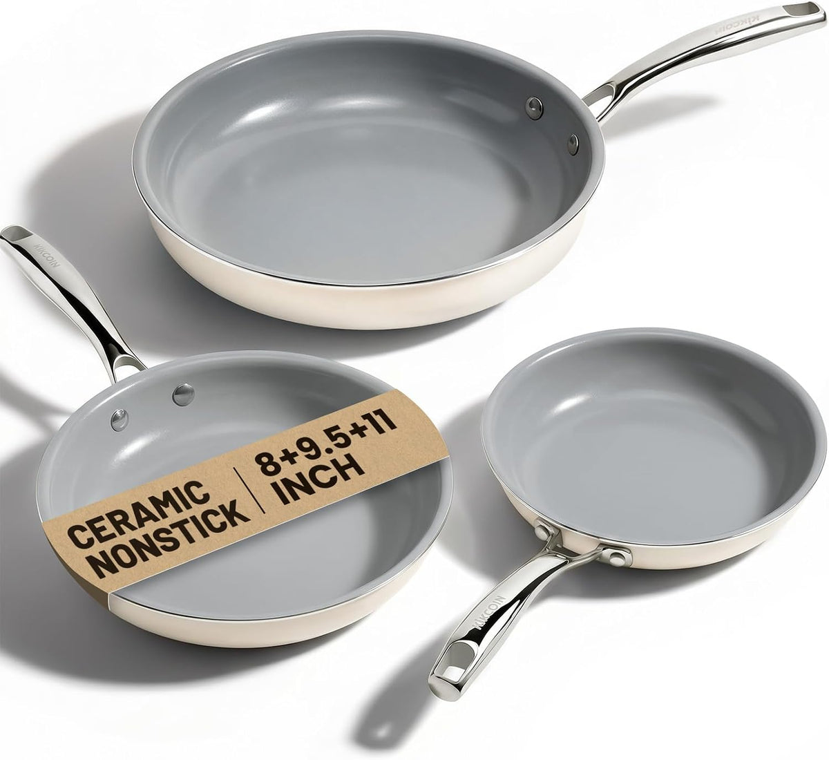 Kikcoin Ceramic Nonstick Frying Pan Skillets - 3 Sizes Omelette Pans for Healthly Cooking, 8+9.5+11 Inch Egg Pan with Stay Cool Handle, Free of PFAS PFOA PTEE, Oven/Dishwasher Safe for Busy Kitchen