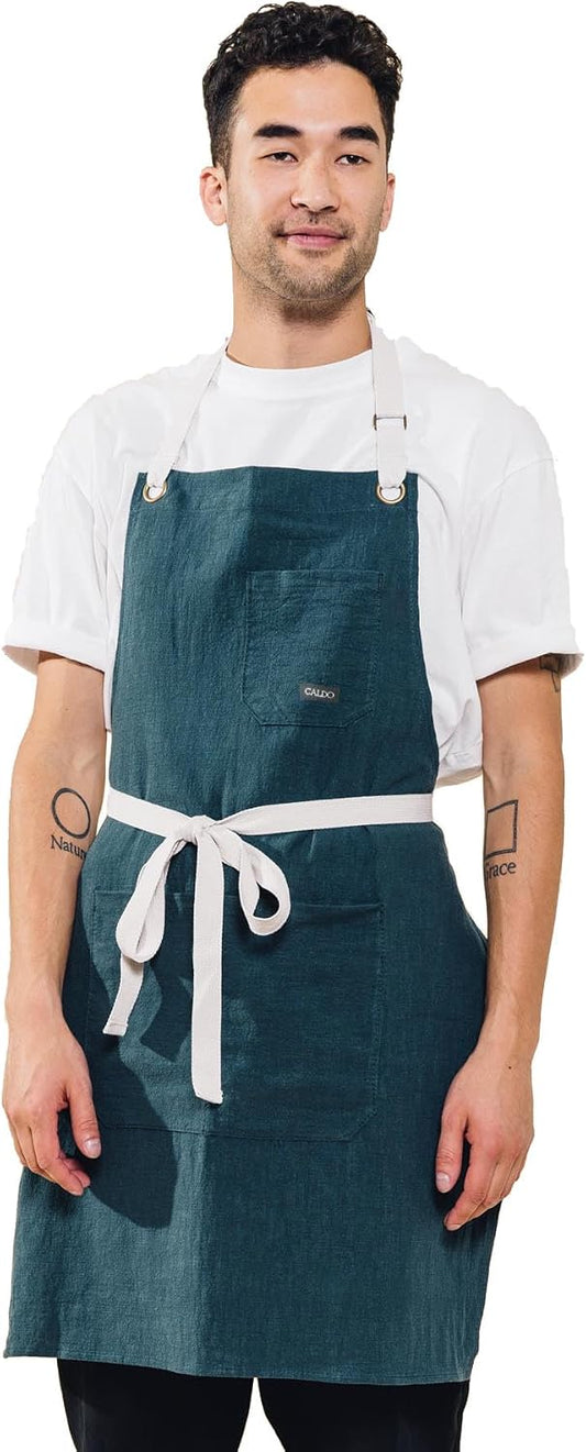 Caldo Linen Kitchen Apron - Mens and Womens Linen Bib Apron - Adjustable with Pockets (Spruce)