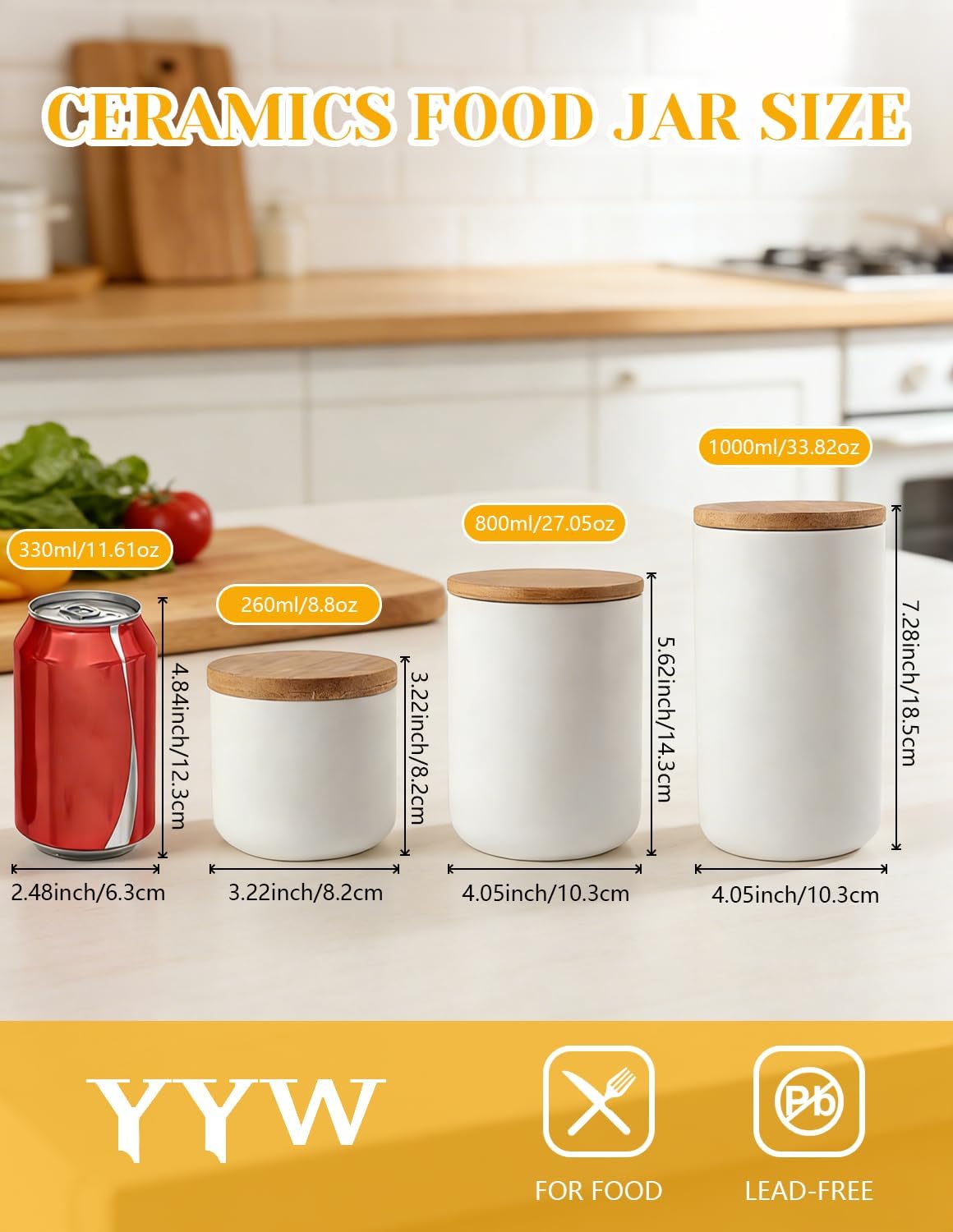 YYW Ceramic Food Storage Containers with Lids, 800ml/27oz Food Storage Jar | White Kitchen Storage Containers, Good for Flour, Coffee Bean, Sugar, Tea, Spices and More, Home Decor
