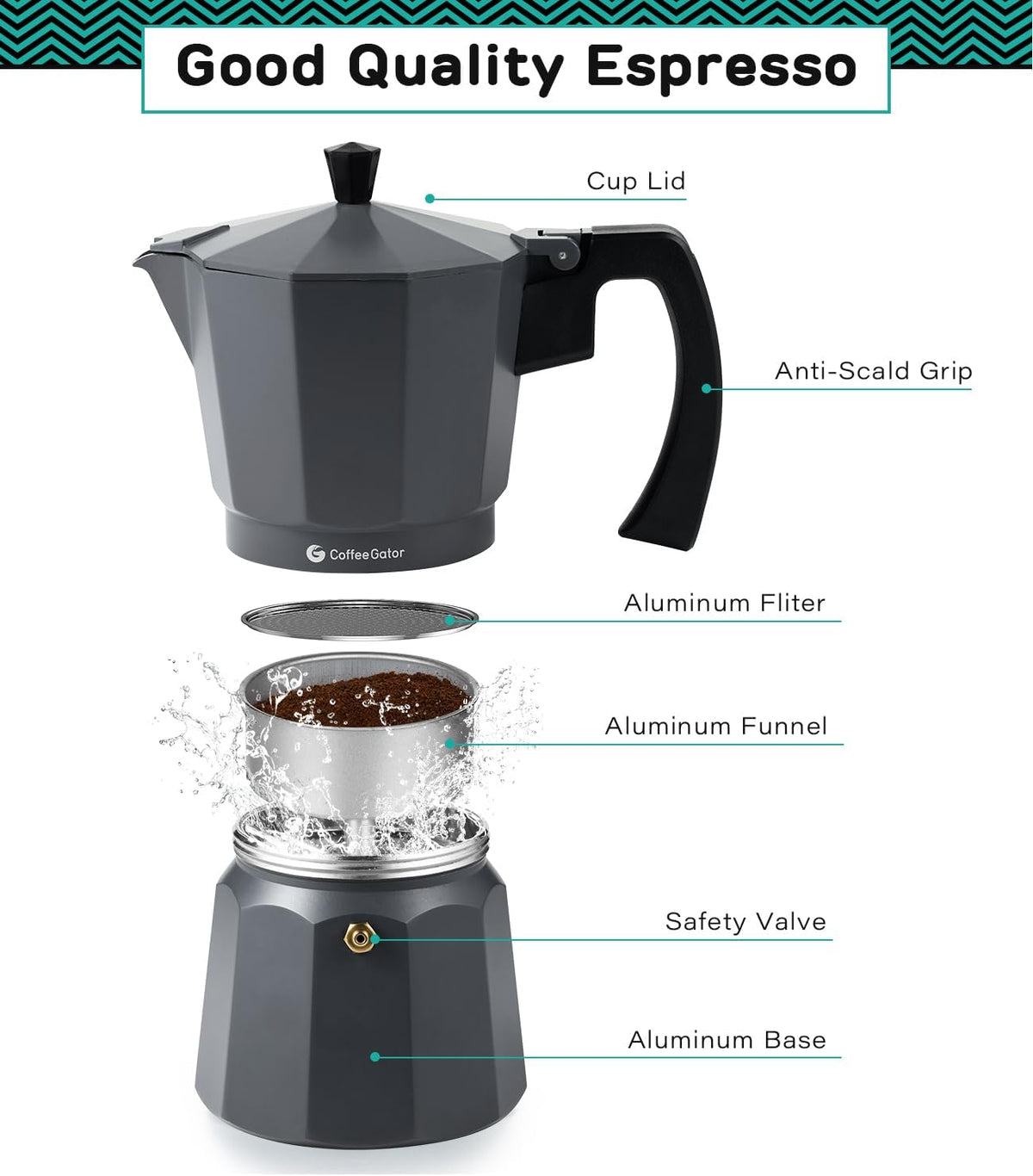 Coffee Gator Moka Pot Aluminum - 6 Cup, 12oz Stovetop Espresso Maker