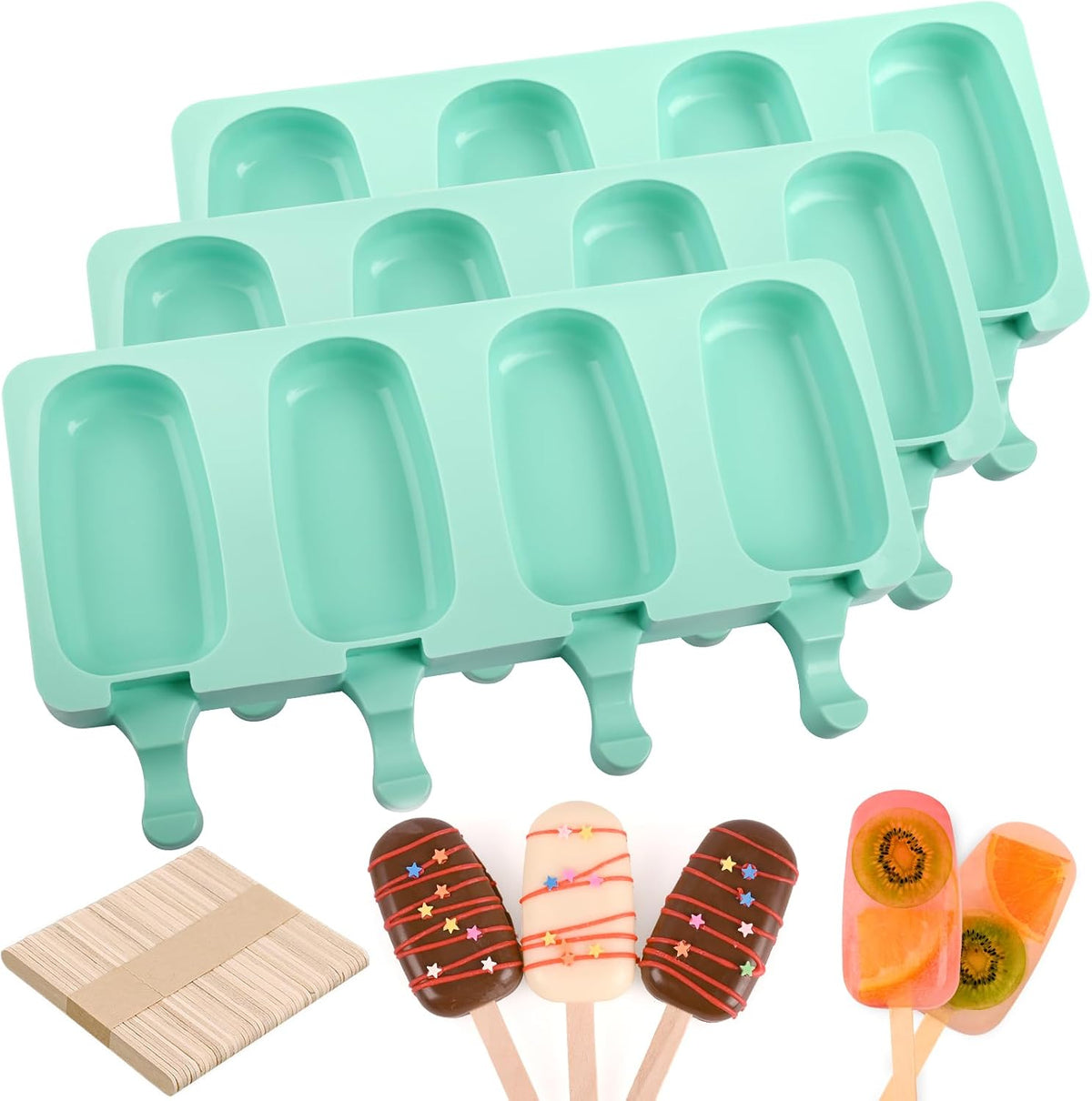 Large Oval 4 Cavities Silicone Popsicle Molds Set of 3, Green | Food Grade Silicone, Easy to Use, Include 150 Pcs Wooden Sticks, Homemade Ice Cream Molds for Ice Pop, Cakesicles, Cake Pop
