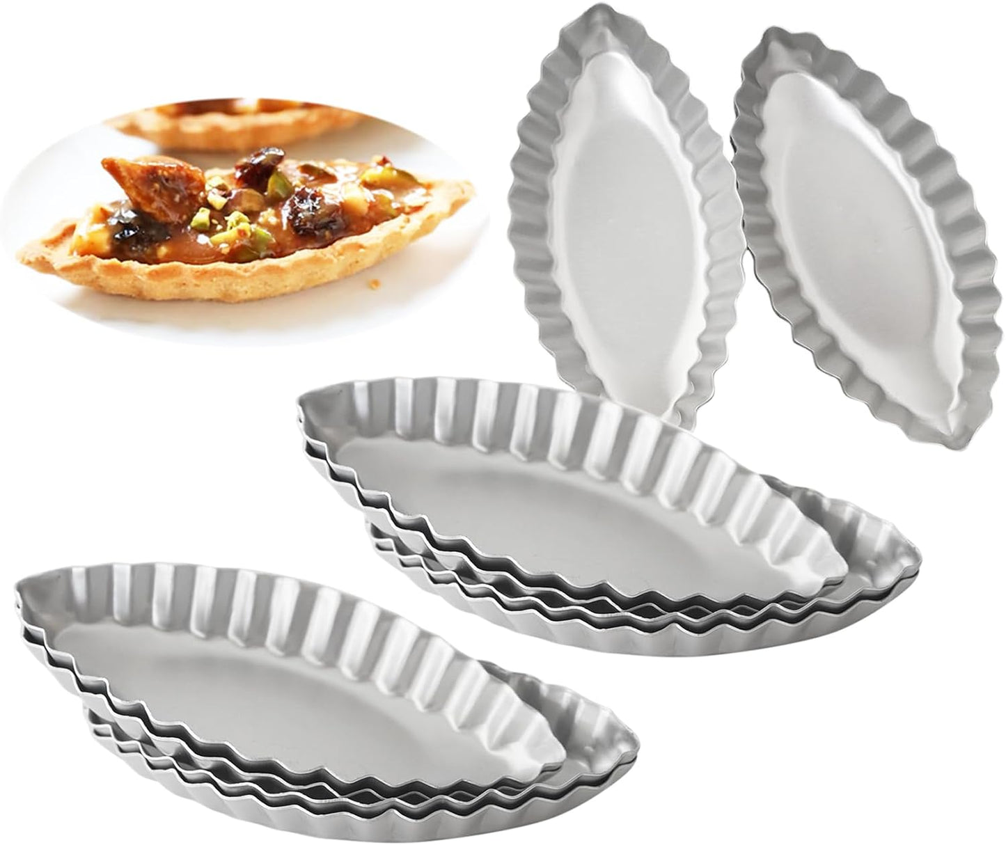 Aluminum Boat Tart Pan Fluted Oval Baking Mold, Small Wavy Tartlet | 10-Pack Flower Edge Tart Tins Pudding Tray for Small Desserts, Quiches, Pudding (4.69 x 2.24 x 0.67 Inch)
