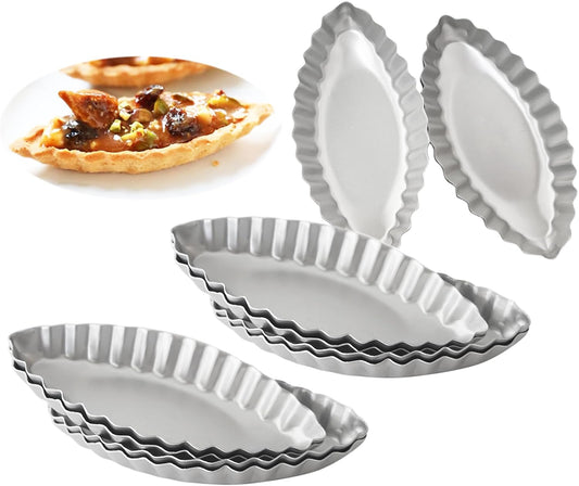 Aluminum Boat Tart Pan Fluted Oval Baking Mold, Small Wavy Tartlet | 10-Pack Flower Edge Tart Tins Pudding Tray for Small Desserts, Quiches, Pudding (4.69 x 2.24 x 0.67 Inch)