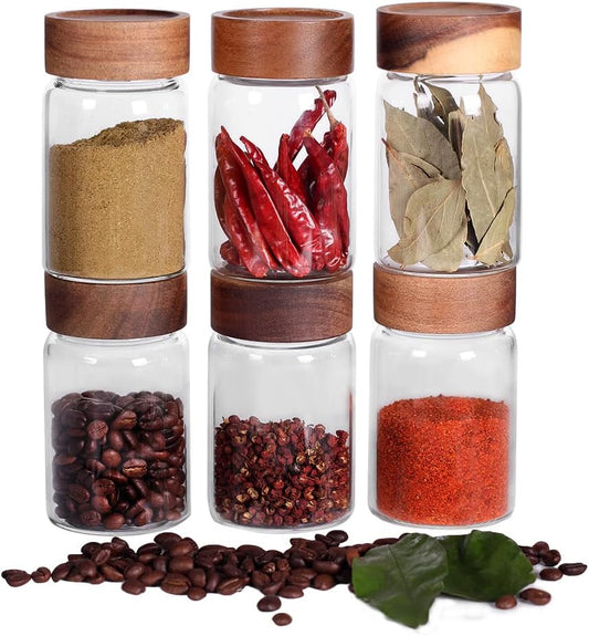 SAIOOL 6 Pcs Small Glass Spice Jars with Label,High Sealing Threaded Mouth,with Black Printed Spice Labels - 8.79oz