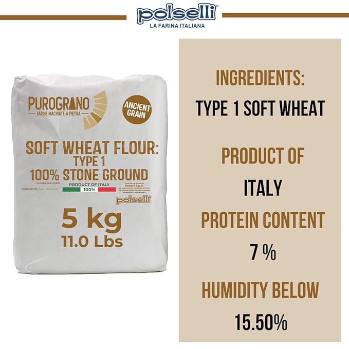 PuroGrano Type 1 Soft Wheat Flour, Bread flour– 5kg (11 lb) – 100% Stone Ground Ancient Italian Grain – Ideal for Sourdough Bread & Artisan Baking – Imported from Italy, Polselli