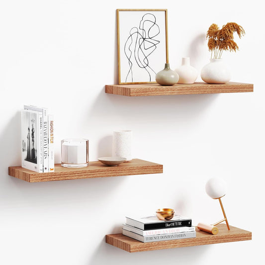 Floating Shelves for Wall, Nature Wood Wall Shelf Set of 3, 16" Wall Mounted Floating Shelf for Kitchen, Living Room,
