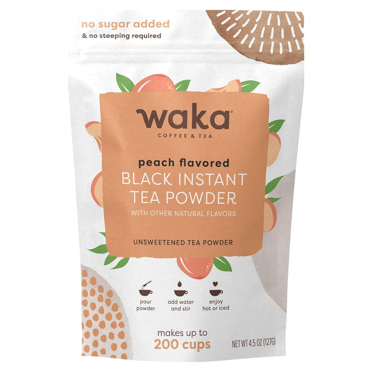 Waka Instant Black Tea Mix, Peach Flavored, Sugar-Free, 4.5 oz | Naturally Flavored, Unsweetened Concentrated Black Tea Powder, Makes up to 200 Hot or Iced Cups