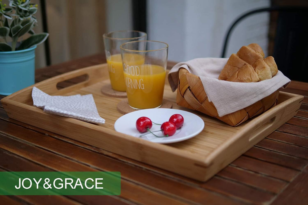 Joy&amp;Grace Bamboo Serving Tray with Handles 16.8 x 12.5 inch | Dinner Food Tray for Bed Breakfast Eating, Serving Tray for Coffee Table Ottoman TV, Decorative Wood Charcuterie Platter