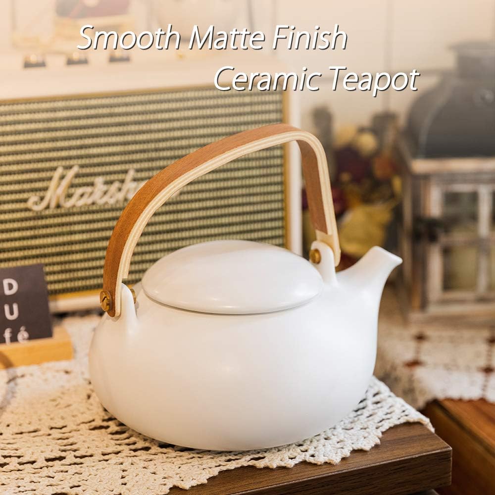 ZENS Ceramic Teapot with Infuser, 27oz Japanese Teapot for Loose Leaf Tea | Matte White Minimalist Tea Pot with Infusers for Loose Tea Steeper for Women Gifts, Modern Bentwood Handle