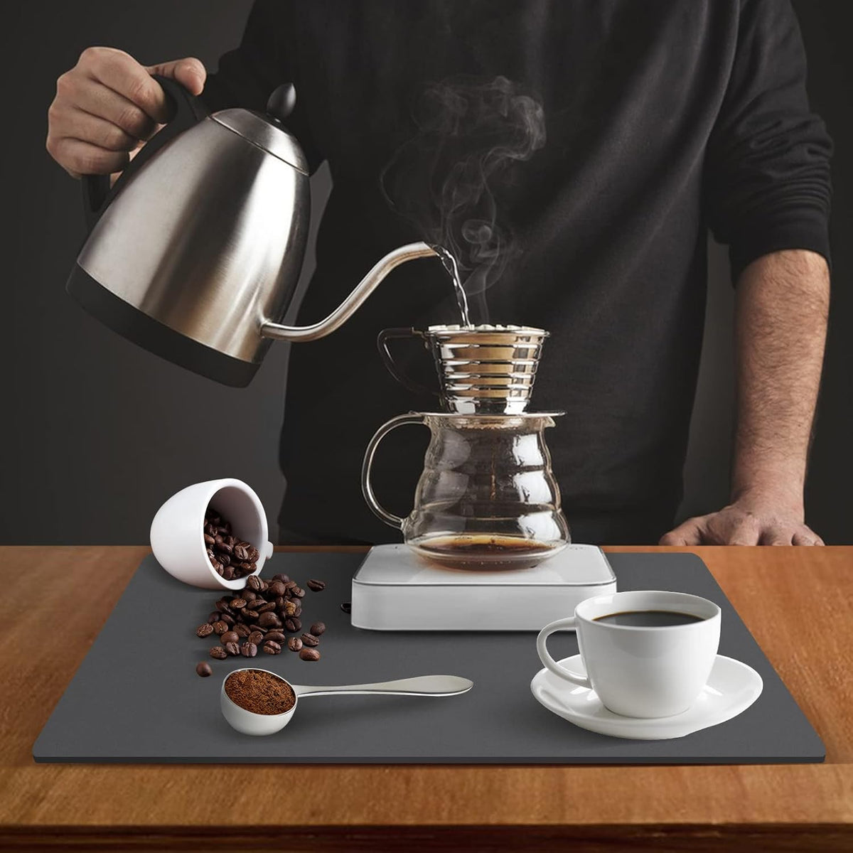 ZLR Coffee Mat - 16" x 24" Extra Large Kitchen Hide Stain Absorbent Dish Drying Mat for Countertop - Easy to Clean Coffee Bar Mat for Espresso Machine and Spill Protection - Dark Gray