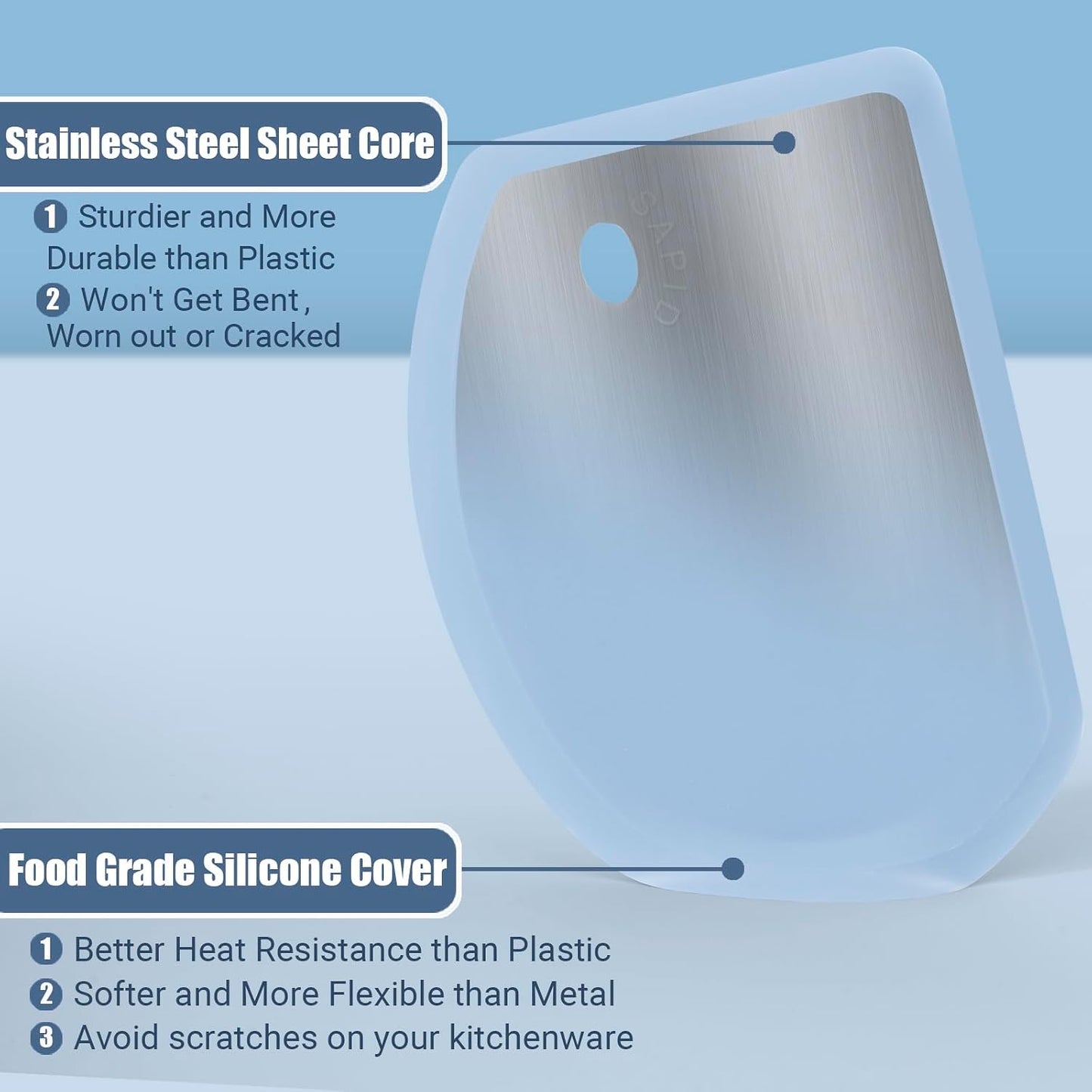 Silicone Dough Scraper with Metal Core Flexible Bowl Scraper Bread Baking | With Stainless Steel Sheet, Curved Edge Food Grade Silicone Bench Scraper for Sourdough Bread, 5.98" x 4.3" , Blue , SAPID