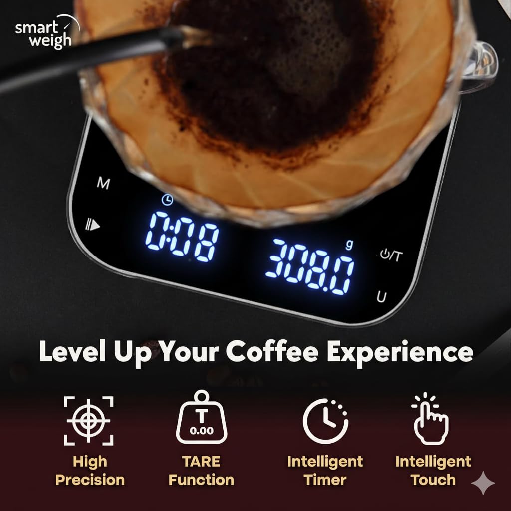 Smart Weigh Coffee Scale with Timer, Precision Espresso &amp; Tea Digital Scale, Espresso Machine Accessories for Pour-Over Coffee, Travel Food Scale, LED Display, Rechargeable USB-C - 3kg/0.1g