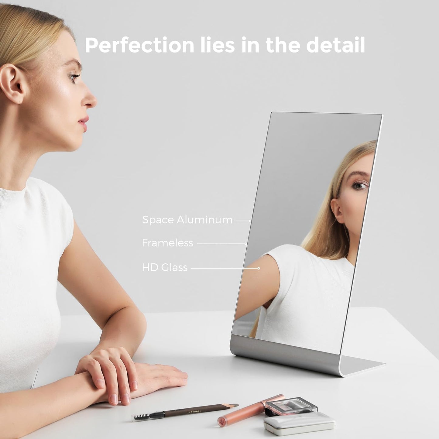 NEZZOE 15"x8" Frameless Makeup Mirror, Minimalist Free Standing Desk Mirror | Aluminium Flat Vanity Mirror for Bathroom Countertop, Desk or Jewelry Display, Perfect for Makeup &amp; Shaving
