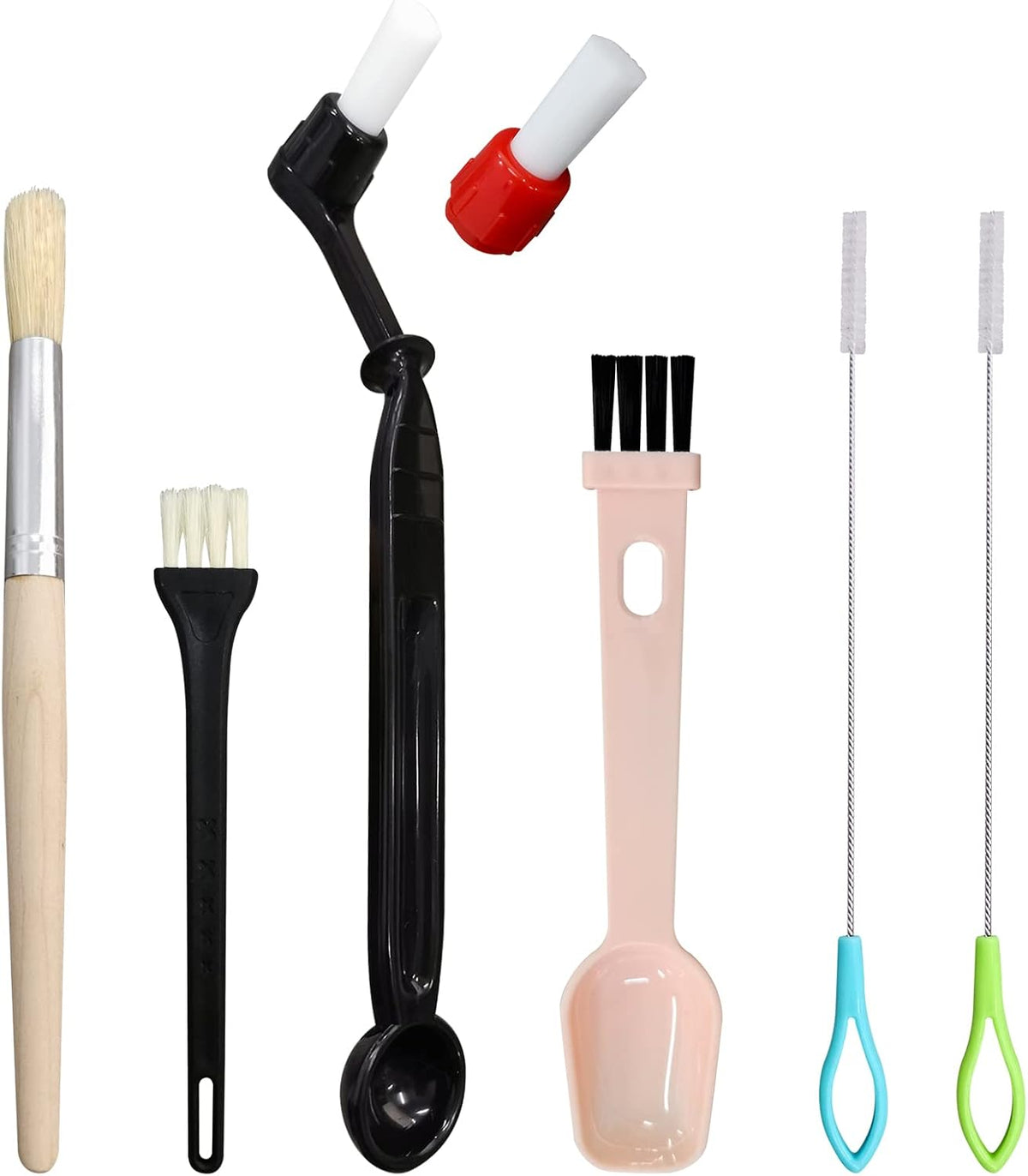 7 Pcs Coffee Machine Cleaning Brush, Espresso Machine Brush with Detachable Head, Wooden Plastic Brush with Bristles for Grinder, Plastic Spoon with Brush &amp; 2Pcs Espresso Steam Wand Brushes
